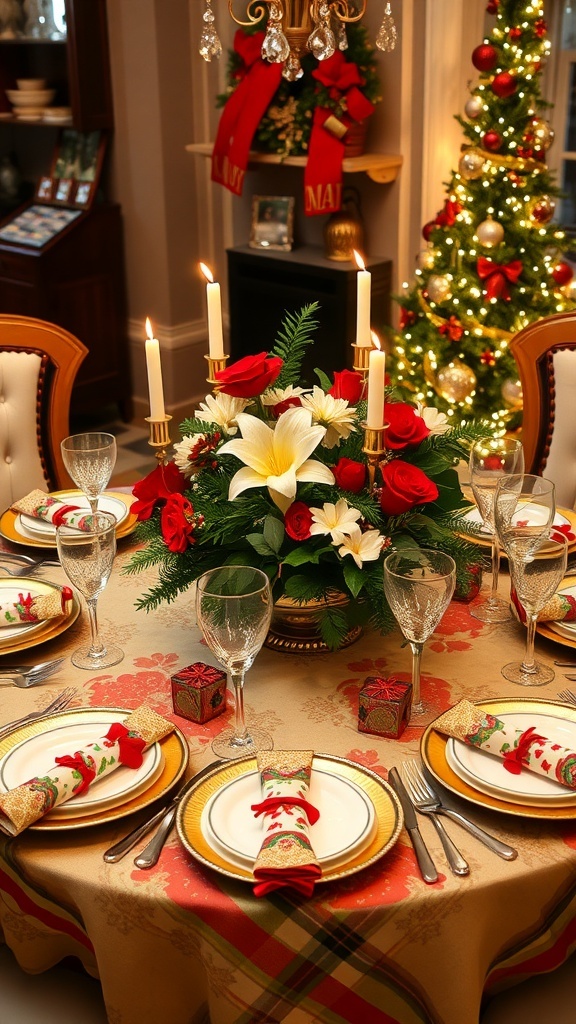 Festive Christmas Table Settings with Crackers A festive Christmas table setting with elegant dinnerware, a floral centerpiece, and colorful crackers.